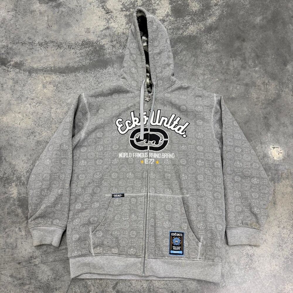 Ecko-unltd Men's Grey Fur Hoodie Big Logo Size XL